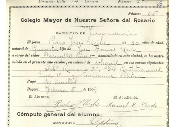 Último curso de Uribe, diez años después de su ingreso (v.236 f.65). Hay notas para 1906-7-8.