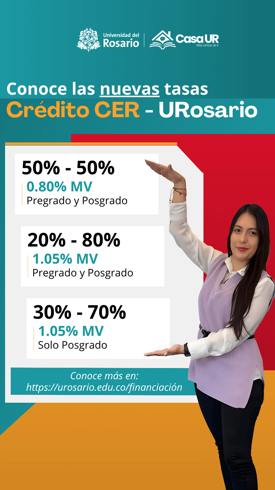 Conoce las nuevas tasas del Crédito CER - URosario: 50%-50% con 0.80% MV para pregrado y posgrado; 20%-80% con 1.05% MV para pregrado y posgrado; 30%-70% con 1.05% MV solo para posgrado. Más información en https://urosario.edu.co/financiacion.