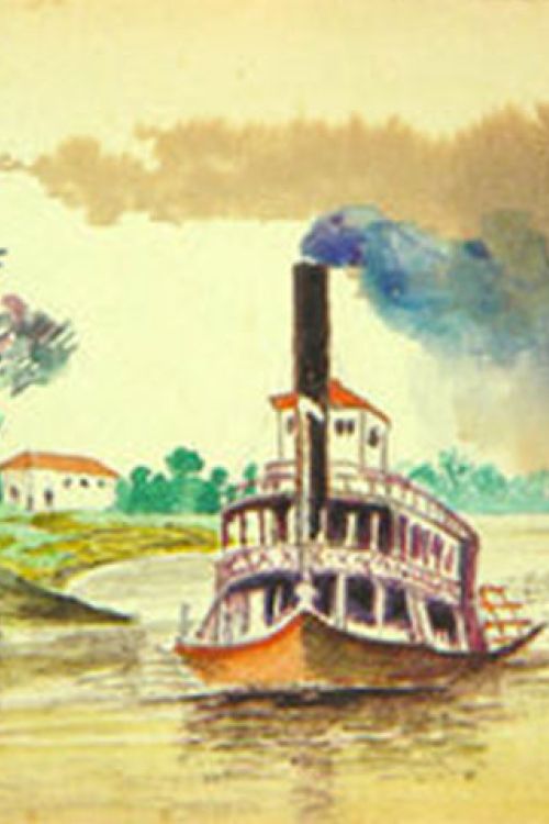 Acuarela de Santiago Cortés Sarmiento que representa la navegación a vapor por el Bajo Magdalena - Dominio público